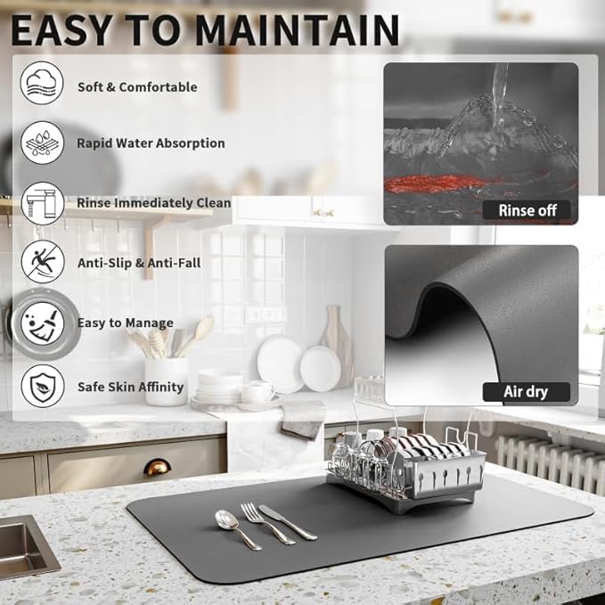 16 x 18 Inch Absorbent Drying Mat | Quick-Drying & Non-Slip | Durable Countertop Protection Mat
