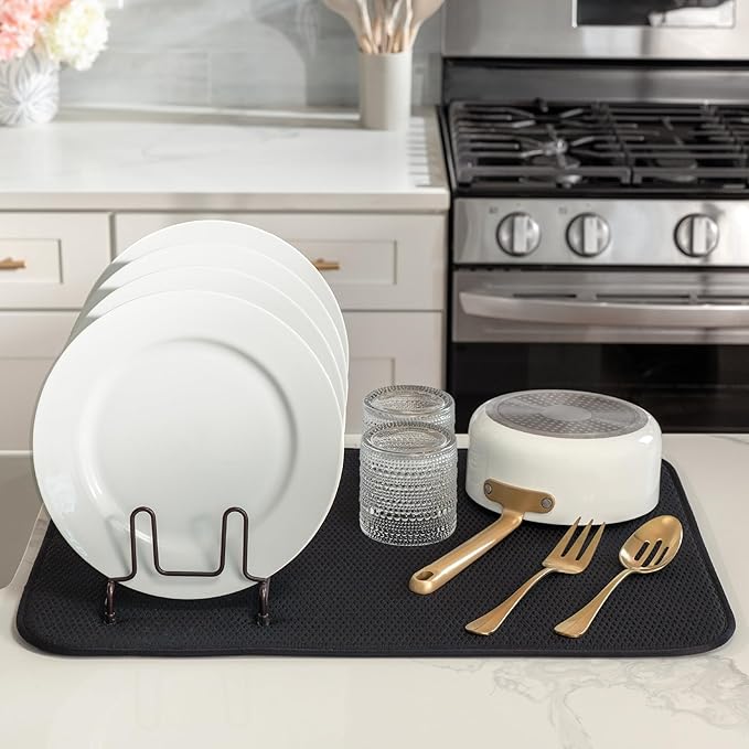 Extra Large Dish Drying Mat, 18 inches x 24 inches, Super Absorbent Microfiber Kitchen Countertop Mat, suitable for dishes, cutlery, pots and pans, extra large size, diamond pattern, black.