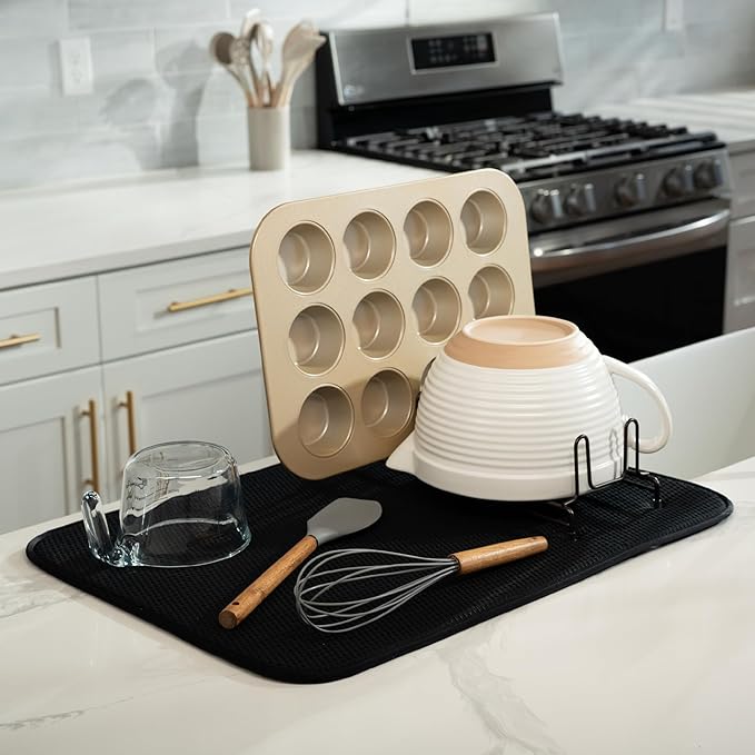 Extra Large Dish Drying Mat, 18 inches x 24 inches, Super Absorbent Microfiber Kitchen Countertop Mat, suitable for dishes, cutlery, pots and pans, extra large size, diamond pattern, black.