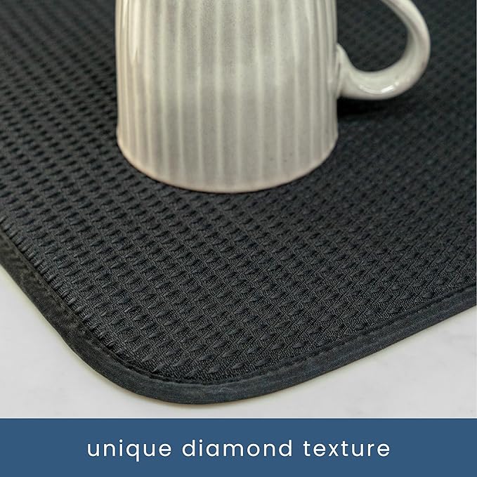 Extra Large Dish Drying Mat, 18 inches x 24 inches, Super Absorbent Microfiber Kitchen Countertop Mat, suitable for dishes, cutlery, pots and pans, extra large size, diamond pattern, black.