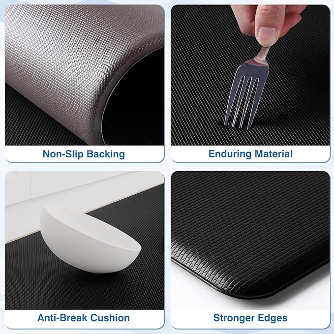 Kitchen Floor Mat, 2-Piece Kitchen Rug Set, Cushioned Anti-Fatigue Kitchen Mat, Non-Slip Standing Desk Mat, Waterproof Kitchen Rug Set, Suitable for Kitchen, Floor, Office, Size: 17.3"x30"+17.3"x47", Black