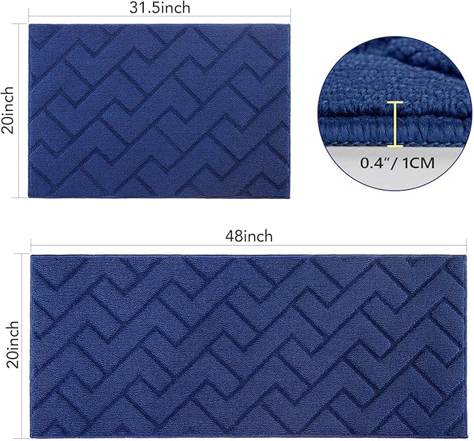 Kitchen Rug and Mat Set, 2-piece set, super absorbent polypropylene non-slip rugs, soft and comfortable mats, washable, suitable for kitchen, hallway, office, sink area, laundry room (20 inches x 31.5 inches + 20 inches x 48 inches, Navy Blue)