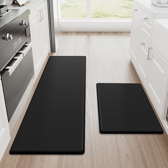 Kitchen Floor Mat, 2-Piece Kitchen Rug Set, Cushioned Anti-Fatigue Kitchen Mat, Non-Slip Standing Desk Mat, Waterproof Kitchen Rug Set, Suitable for Kitchen, Floor, Office, Size: 17.3"x30"+17.3"x47", Black