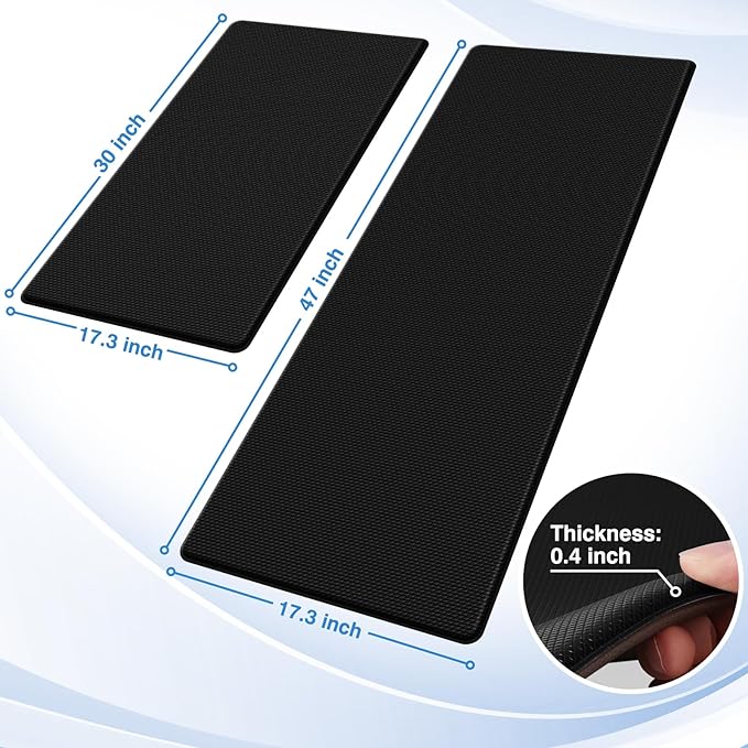 Kitchen Floor Mat, 2-Piece Kitchen Rug Set, Cushioned Anti-Fatigue Kitchen Mat, Non-Slip Standing Desk Mat, Waterproof Kitchen Rug Set, Suitable for Kitchen, Floor, Office, Size: 17.3"x30"+17.3"x47", Black