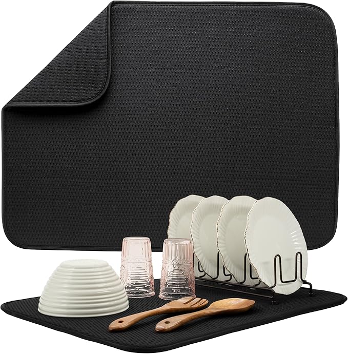 Extra Large Dish Drying Mat, 18 inches x 24 inches, Super Absorbent Microfiber Kitchen Countertop Mat, suitable for dishes, cutlery, pots and pans, extra large size, diamond pattern, black.